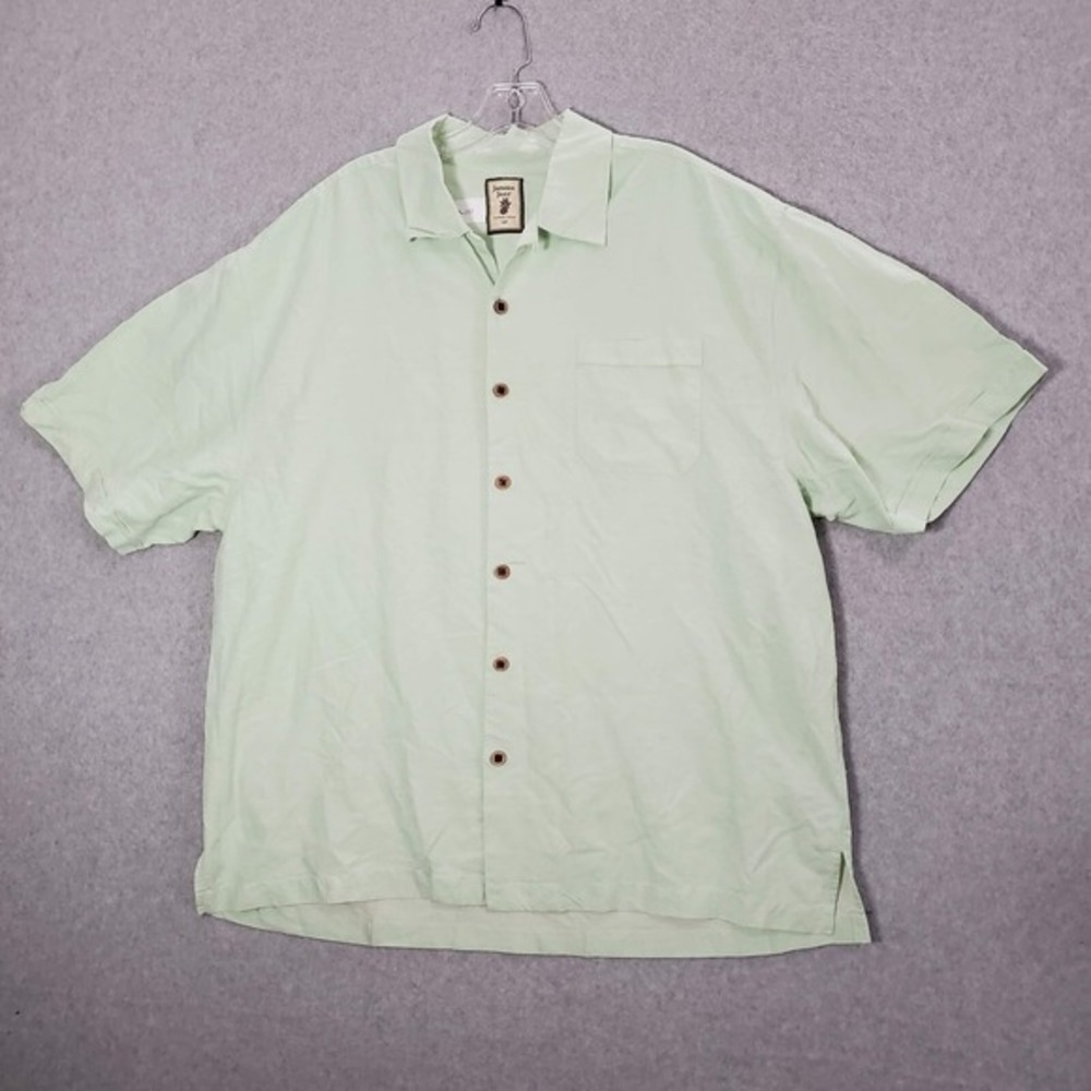 Jamaica Jaxx Men Button Up Shirt 2XL Green 100% Silk Pockets Short Sleeve‎ READ